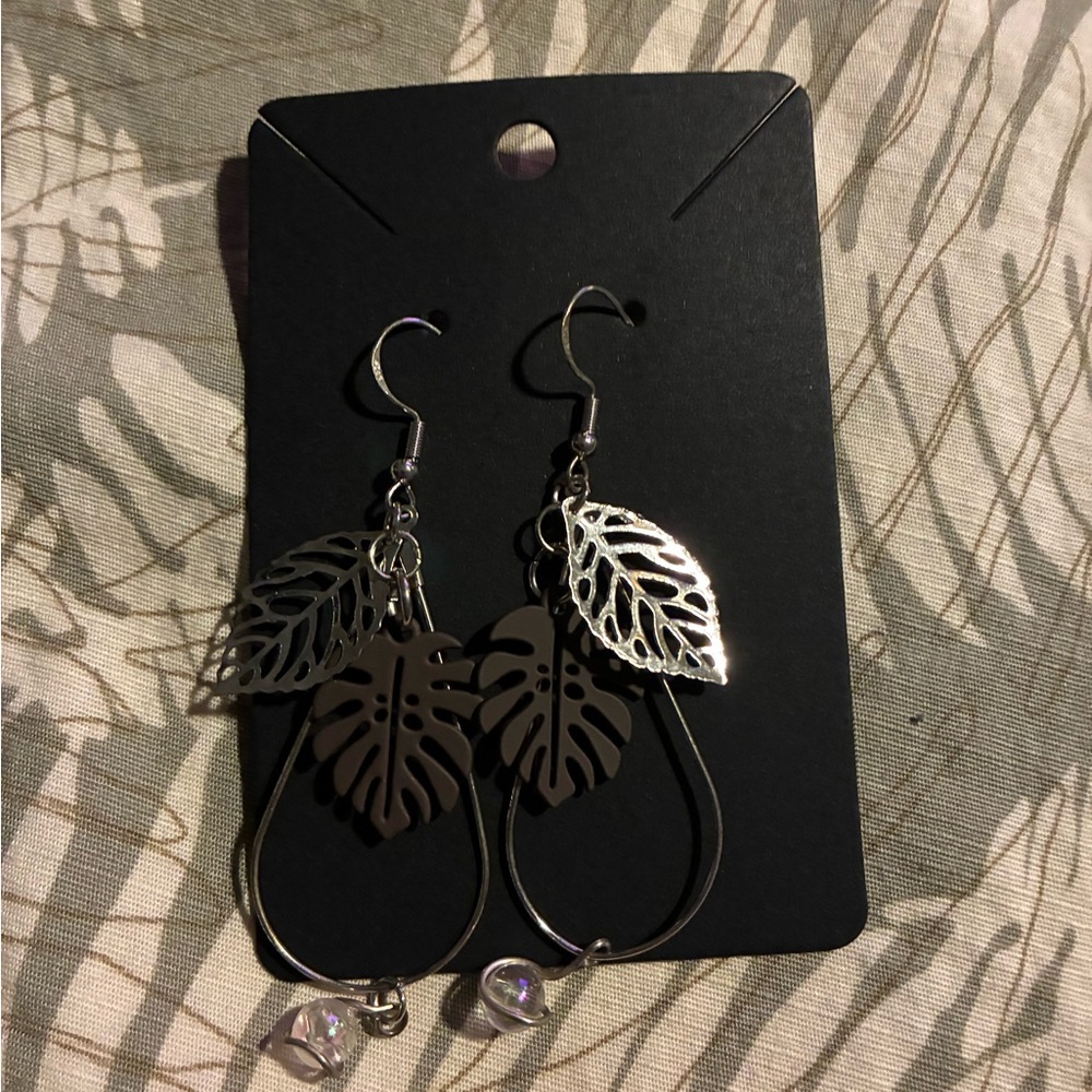 Silver and Black Leaf Dangle Earrings